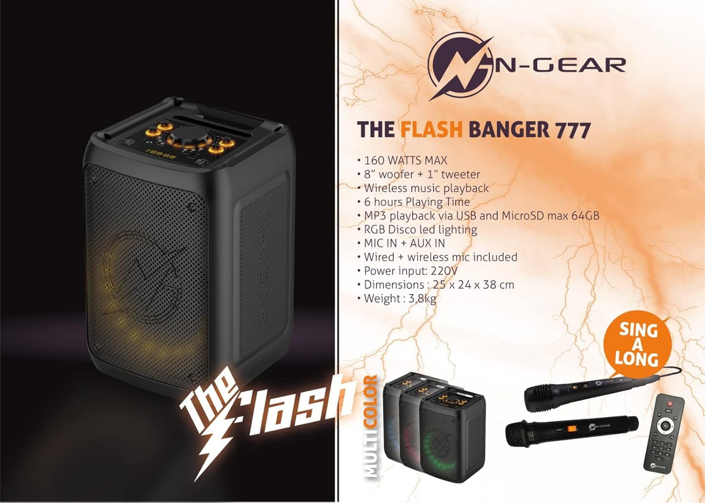 N-Gear Flash Banger 777 Bluetooth PartyBox 160W RGB Licht Mikrofone & Remote