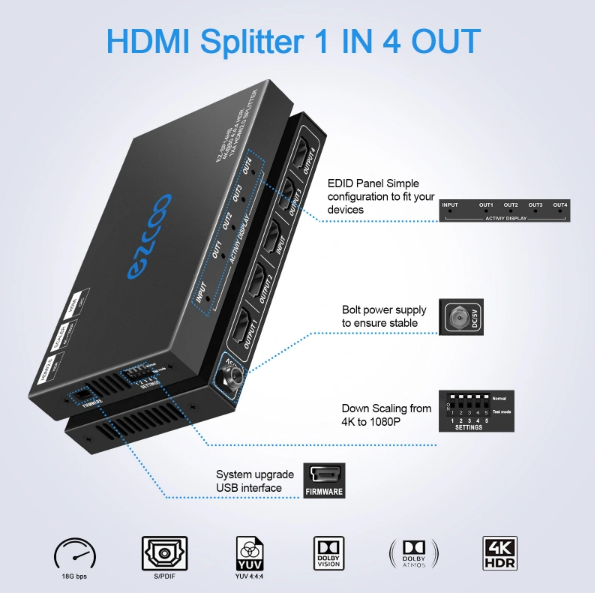 EZCOO 4K60 HDMI Splitter 1 In 4 Out 4K Dolby Vision HDR – Skalierbare Ausgänge