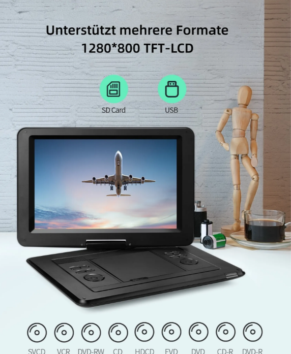 YOTON 155 Tragbarer DVD-Player – 15.5" HD-Drehbildschirm – Auto-Ladegerät & Akku