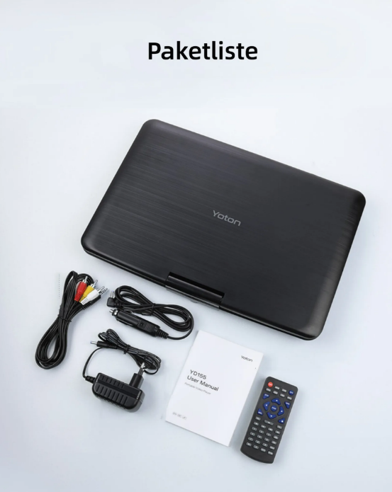 YOTON 155 Tragbarer DVD-Player – 15.5" HD-Drehbildschirm – Auto-Ladegerät & Akku