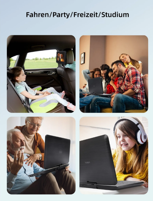 YOTON 155 Tragbarer DVD-Player – 15.5" HD-Drehbildschirm – Auto-Ladegerät & Akku