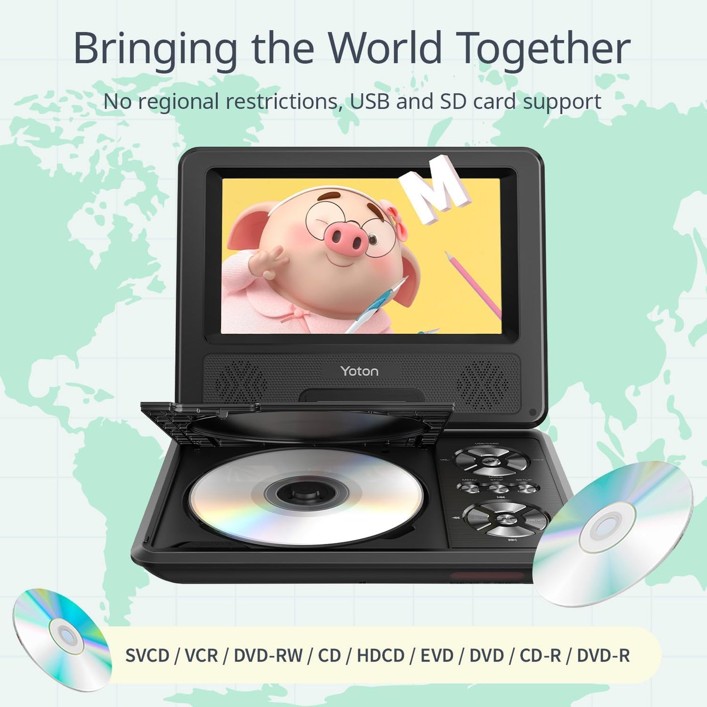 Yoton 9.5 Zoll Tragbarer DVD-Player – 7.5" HD-Drehbildschirm USB, AV-IN/OUT, Kopfhörer