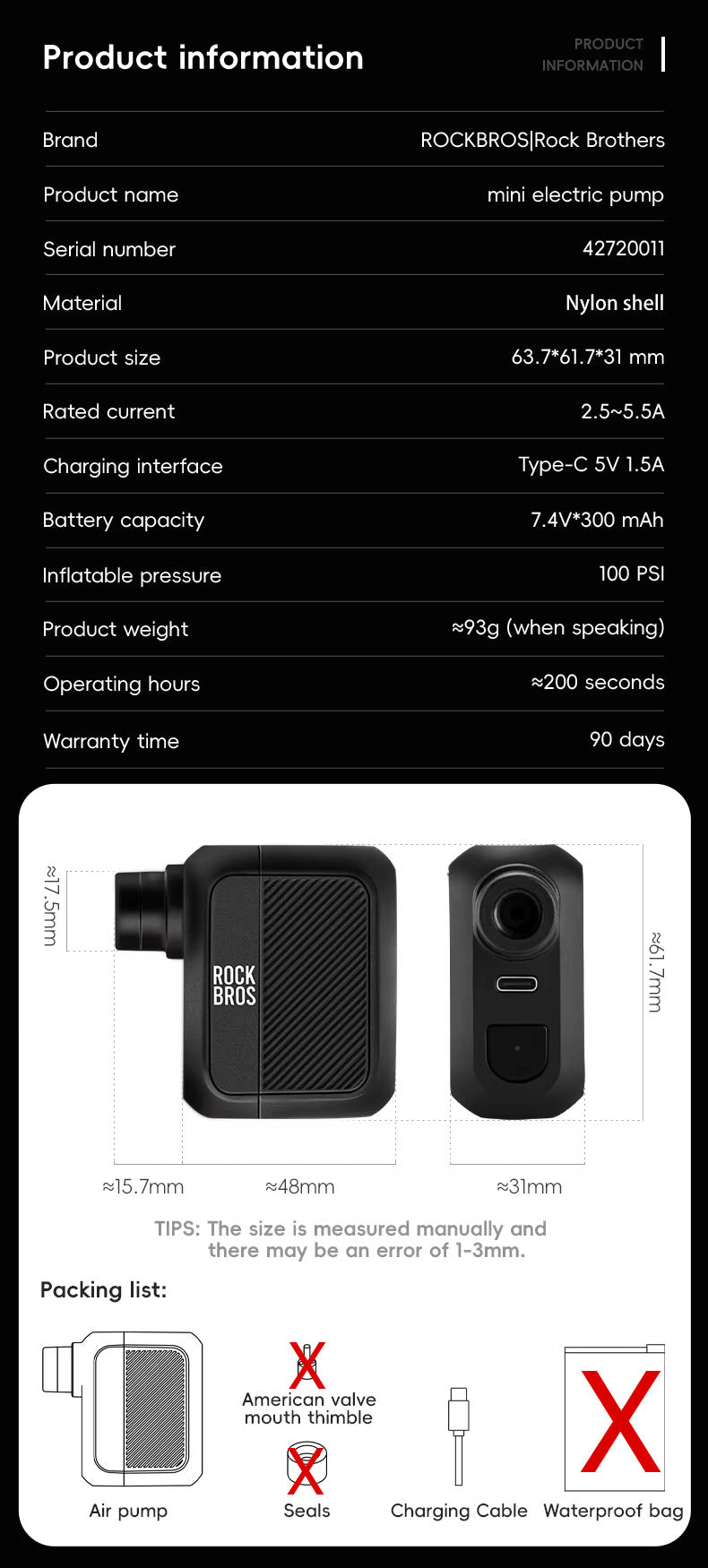 ROCKBROS Mini-Fahrradpumpe – Elektrische Luftpumpe 100 PSI | Tragbar | 300mAh
