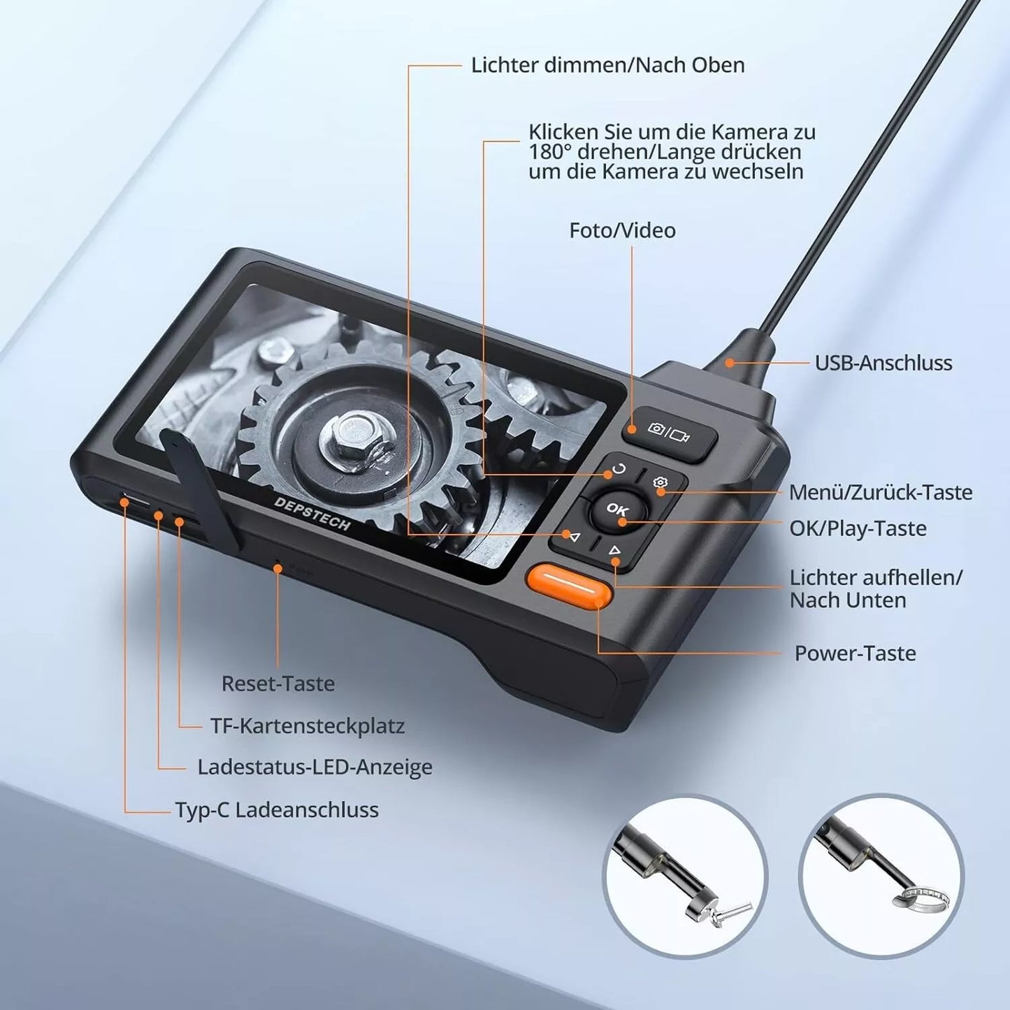 DEPSTECH DS520 Endoskop-Kamera 1080P Dual Lens 5" LCD 5m IP67